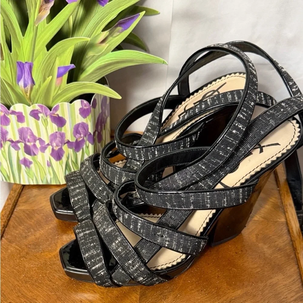 Saint Laurent Monochrome Buckle Ankle Wrap Wedge Heeled Sandals Size 37.5(7.5)